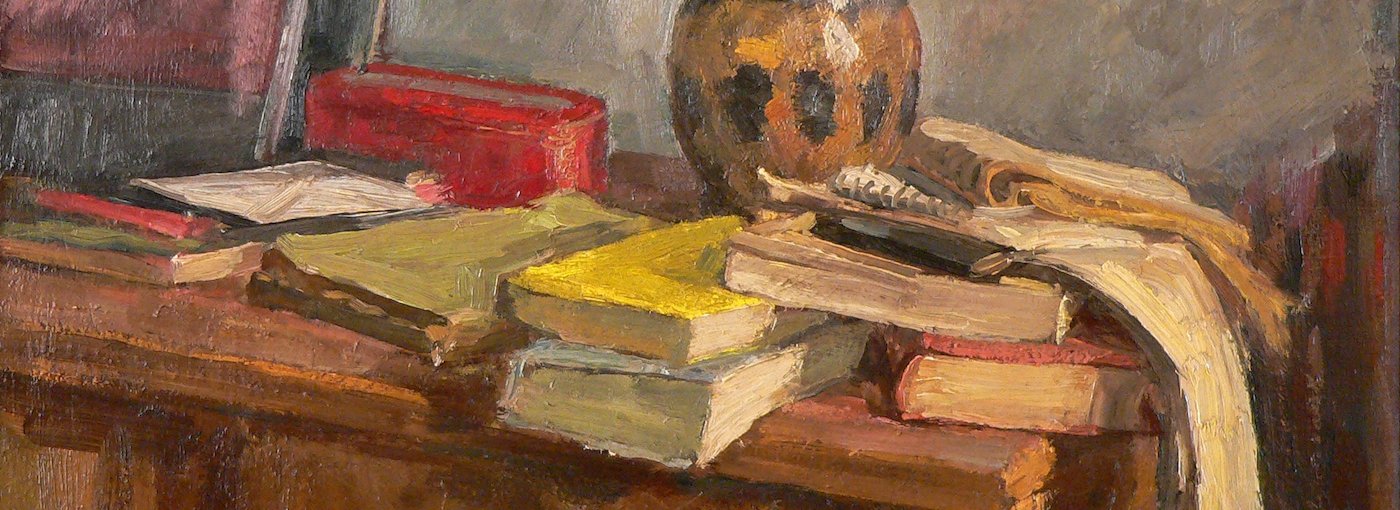 A still life of books on a table, painted by Louis Peyré