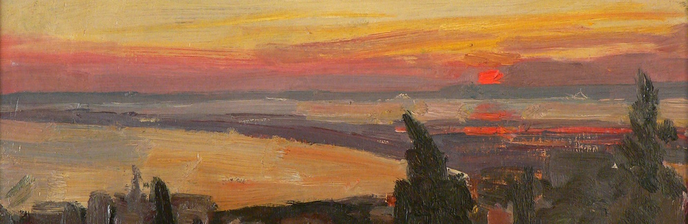 A sunset over fields and water, painted by Louis Peyré