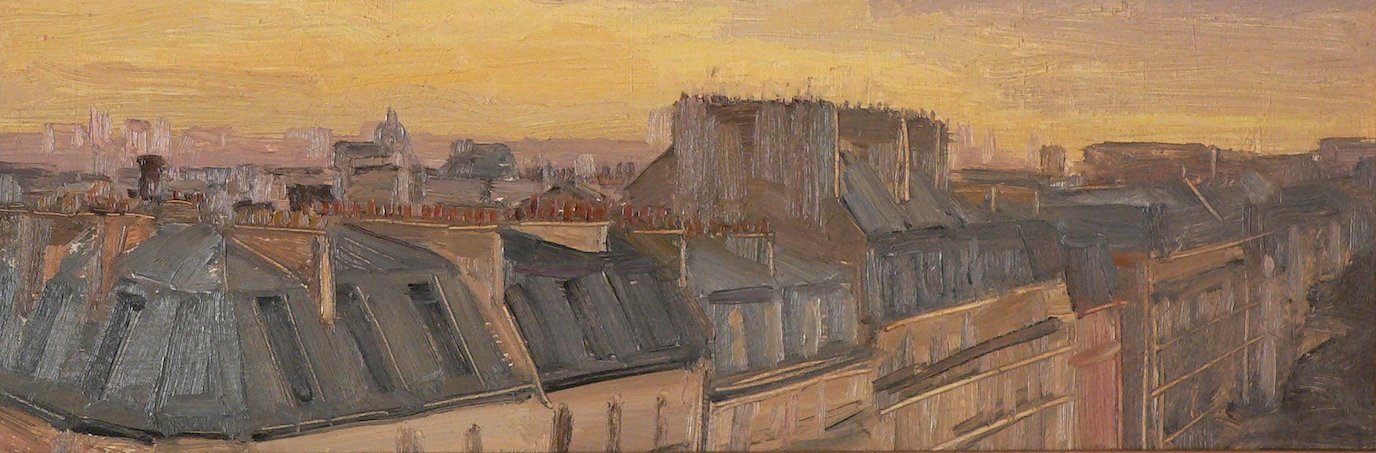 Paris rooftops in warm evening light, painted by Louis Peyré