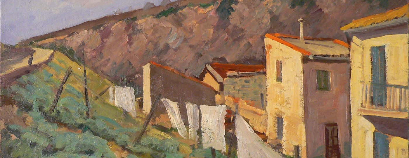 Colorful houses and hills in a painting by Louis Peyré