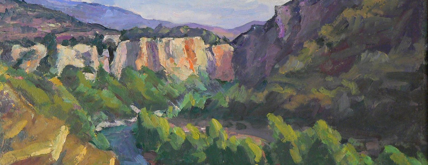 Rocky cliffs and a green valley in a painting by Louis Peyré