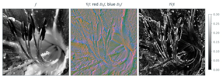 Horizontal and vertical image derivatives encoded in red and blue